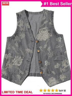 Womens Denim Vest V Neck Button Down Sleeveless Jean Jacket with Pockets